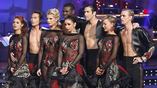 Mark Dacascos , Anna Trebunskaya, Michael Irvin, Anna Demidova, Mya, Dmitry Chaplin, Aaron Carter and Karina Smirnoff perform their group Paso Doble during 'Dancing With the Stars,' Monday, November 2, 2009