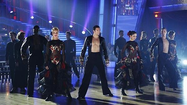 Mark Dacascos , Anna Trebunskaya, Michael Irvin, Anna Demidova, Mya, Dmitry Chaplin, Aaron Carter and Karina Smirnoff perform their group Paso Doble during 'Dancing With the Stars,' Monday, November 2, 2009