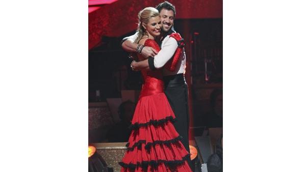 ESPN reporter Erin Andrews and partner Maksim Chmerkovskiy react to being safe on 'Dancing With the Stars: The Results Show,' Tuesday, April 13, 2010. The couple scored 39 points out of 60 on Monday's show.