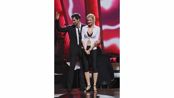 ESPN reporter Erin Andrews and partner Maksim Chmerkovskiy react to being safe on 'Dancing With the Stars: The Results Show,' Tuesday, April 20, 2010. The couple scored 22 points out of 30 on Monday's show.