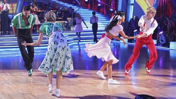 Maksim Chmerkovskiy, Erin Andrews, Nicole Scherzinger, and Derek Hough perform in a Swing dance marathon on week 6 of 'Dancing With the Stars,' Monday, April 26, 2010.