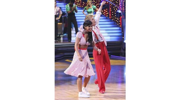 Derek Hough and Nicole Scherzinger celebrate after winning the Swing dance marathon on week six of 'Dancing With the Stars,' Monday, April 26, 2010.
