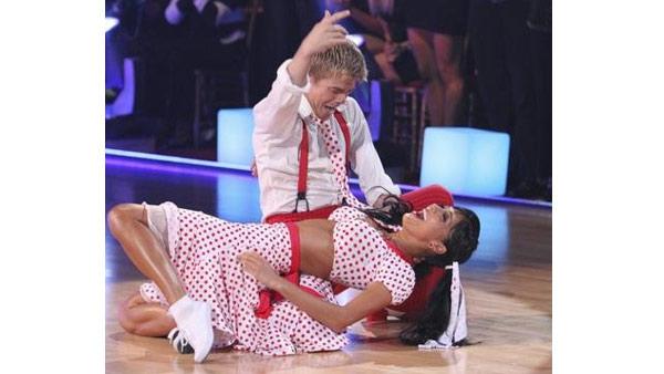 Derek Hough and Nicole Scherzinger celebrate after winning the Swing dance marathon on week six of 'Dancing With the Stars,' Monday, April 26, 2010.