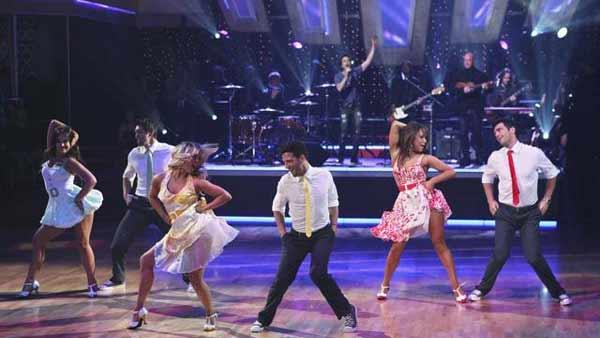 Train performed their newest single, 'Hey, Soul Sister', accompanied on the floor by Mark Ballas, Chelsie Hightower, Dmitry Chaplin, Lacey Schwimmer, Toni Dovolani and Cheryl Burke, on 'Dancing With the Stars: The Results Show,' Tuesday, May 4, 2010.