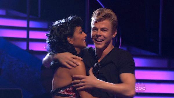Pussycat Dolls star Nicole Scherzinger and partner Derek Hough react to being safe on 'Dancing With the Stars: The Results Show,' Tuesday May 11, 2010. The couple scored 59 out of 60 on Monday's show.