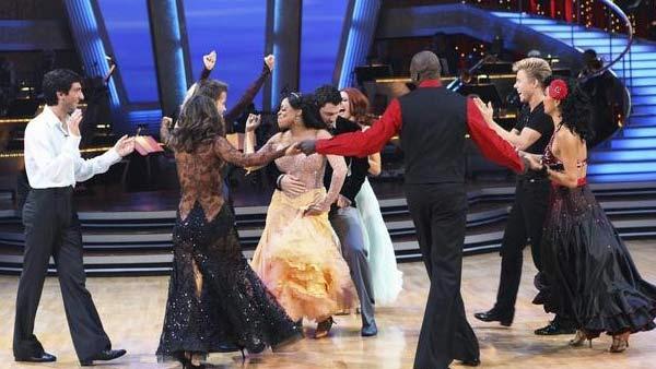 Evan Lysacek, Cheryl Burke, Louis Van Amstel, Niecy Nash, Maksim Chmerkovskiy, Anna Trebunskaya, Chad Ochocinco, Derek Hough, Nicole Scherzinger dance together on 'Dancing With the Stars: The Results Show,' Tuesday May 11, 2010.