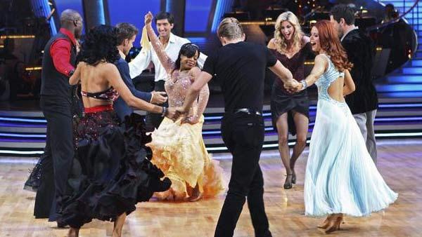 Evan Lysacek, Cheryl Burke, Louis Van Amstel, Niecy Nash, Maksim Chmerkovskiy, Anna Trebunskaya, Chad Ochocinco, Derek Hough, Nicole Scherzinger dance together on 'Dancing With the Stars: The Results Show,' Tuesday May 11, 2010.