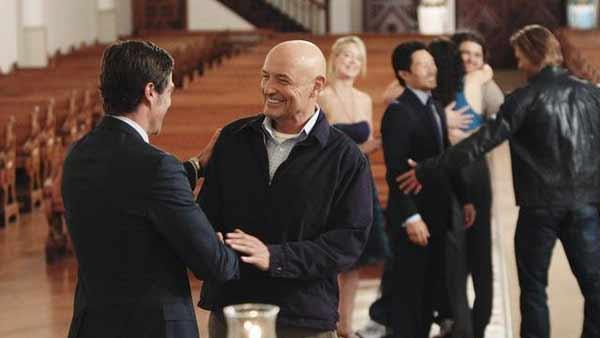 Jack Shephard (Matthew Fox) and John Locke (Terry O'Quinn) celebrate being dead.