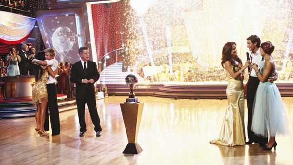 Olympic figure skater Evan Lysacek and dance partner Anna Trebunskaya and Nicole Scherzinger and Derek Hough on 'Dancing With the Stars: Results Show' on Tuesday, May 25. Lysacek placed second and Scherzinger was deemed the winner of season ten.