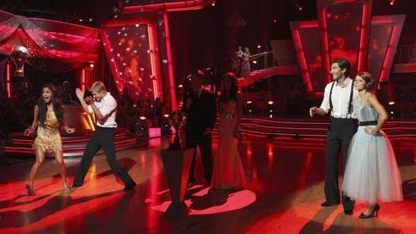 Olympic figure skater Evan Lysacek and dance partner Anna Trebunskaya and Nicole Scherzinger and Derek Hough on 'Dancing With the Stars: Results Show' on Tuesday, May 25. Lysacek placed second and Scherzinger was deemed the winner of season ten.