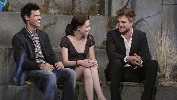 Taylor Lautner (Jacob Black), Kristen Stewart (Bella Swan) and Robert Pattinson (Edward Cullen) at the primetime special 'Jimmy Kimmel Live's Twilight Saga: Total Eclipse of the Heart', set to air on Wednesday, June 23 at 10 p.m. ET on ABC.