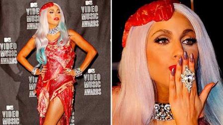 Lady Gaga appears in a meat dress at the 2010 MTV Video Music Awards on Sept. 12, 2010.