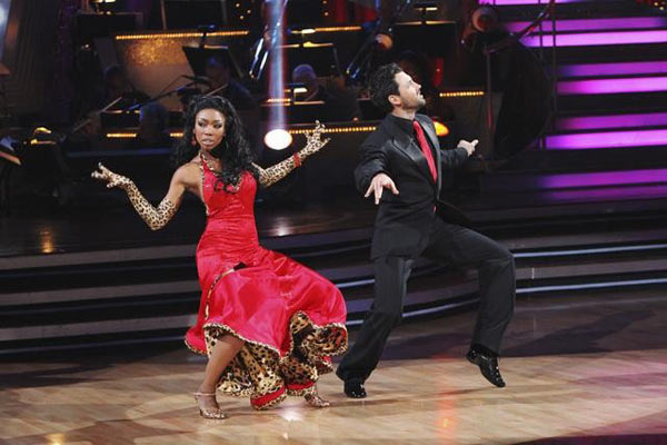 Brandy and Maksim Chmerkovskiy perform a foxtrot on 'Dancing With the Stars,' Monday, Nov. 1, 2010. The judges gave the couple 37 out of 40 for individual and 27 points for winning dance marathon for a total 64 out of 70.