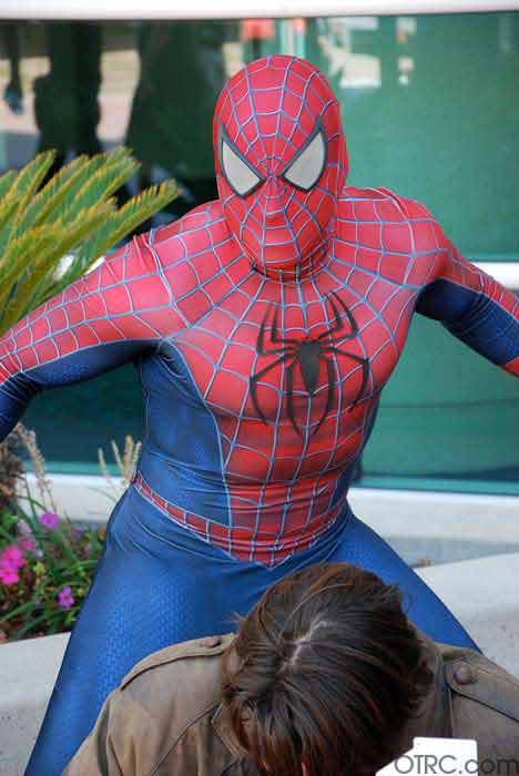 A fan dressed as Spider-Man is seen posing at...