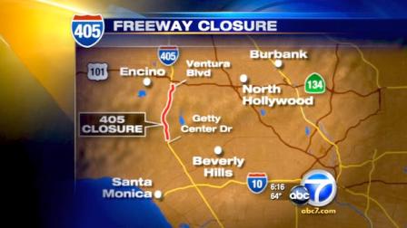 The northbound 405 Freeway will be closed between Getty Center Drive and Ventura Boulevard for construction starting Tuesday night.