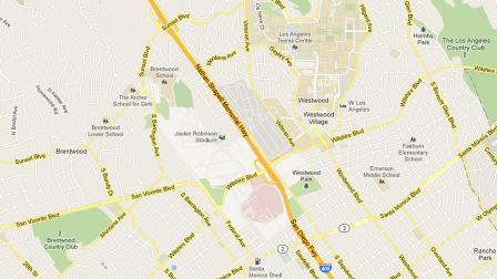 This Google map shows a portion of the 405 Freeway at Wilshire Boulevard.