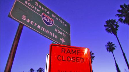 A closure sign along the 405 Freeway is seen in this undated file photo.
