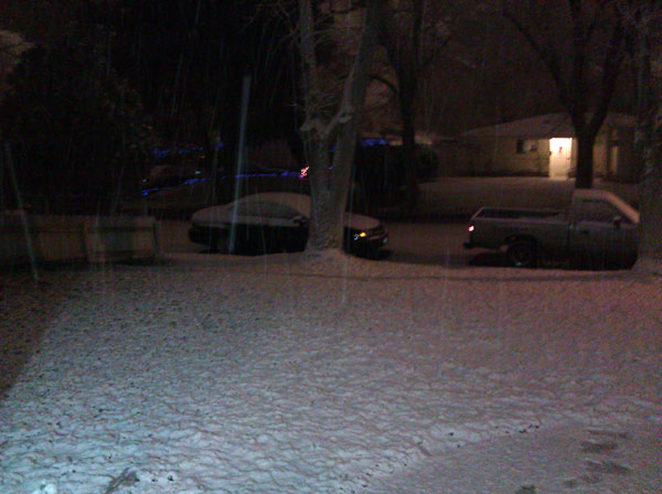 ABC7 viewer Justin Reyes sent in this photo of snow on his front yard in Lancaster, Calif. on Monday Jan. 3, 2011.