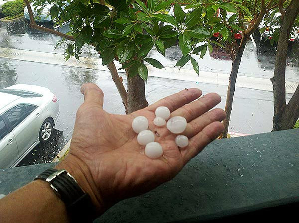 ABC7 viewer Rebecca Fischer of Dana Point sent in this photo of hail on Saturday, Sept. 10, 2011