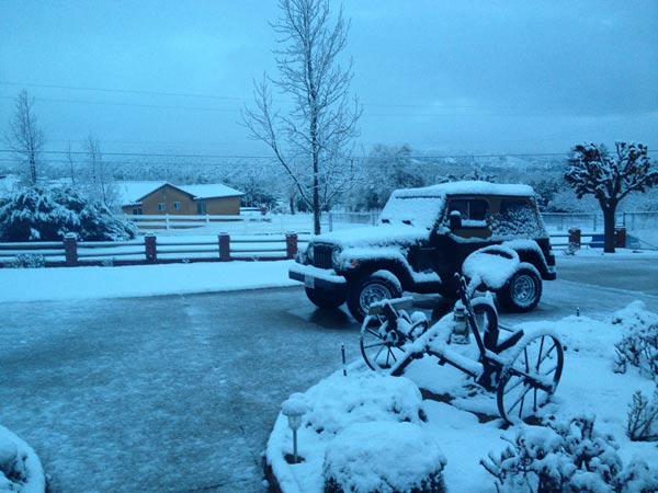 ABC7 viewer Ashley Leonard sent us this photo of snow in Acton during a storm that hit Southern California on Friday, March. 8, 2013.