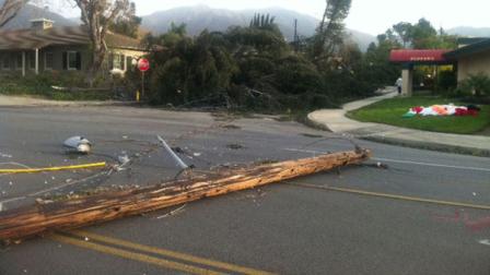 A power line fell onto a street in Arcadia, Calif., on Thursday, Dec. 1, 2011.