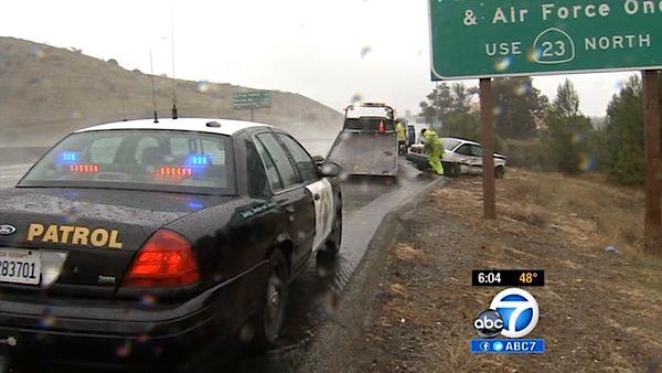 A heavy band of rain and snow triggered traffic accidents and caused damage across Southern California on Sunday, March 25, 2012.