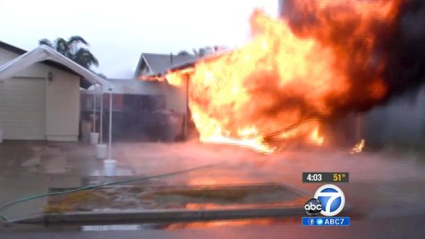 One house in Oxnard was damaged after being hit by lightning on Friday, April 13, 2011. An entire garage erupted into an inferno, with flames shooting 20 feet high, even as firefighters scrambled to douse flames.