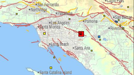 This image captured from the U.S. Geological Surveys website shows a 4.4-magnitude earthquake, pinned by the larger red box, and subsequent, smaller aftershocks within the red box.