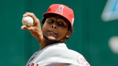 Los Angeles Angels Ervin Santana pitches against the Cleveland Indians in the first inning of a baseball game, Wednesday, July 27, 2011, in Cleveland