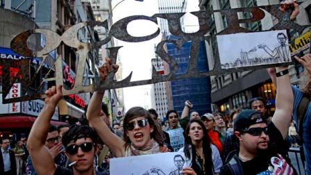 Marchers with Occupy Wall Street lead off a march that included labor unions through Lower Manhattan Wednesday, Oct. 5, 2011 in New York.