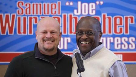 Former presidential candidate Herman Cain, right, joins Republican congressional candidate Samuel Wurzelbacher, better known as Joe the Plumber