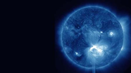 false-color image provided by NASA shows a solar flare