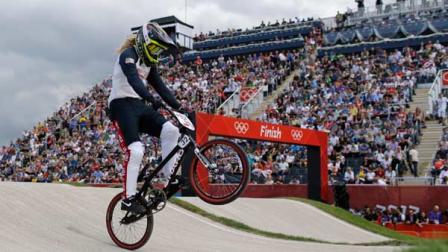 United States Brooke Crain competes during the BMX cycling seeding run at the 2012 Summer Olympics, Wednesday, Aug. 8, 2012, in London. Crain was a late replacement on the U.S. team for Arielle Martin, who was hospitalized after a crash during a final training run July 30 in California.