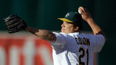Oakland Athletics Bartolo Colon works against the Cleveland Indians in the first inning of a baseball game Saturday, Aug. 18, 2012, in Oakland, Calif.