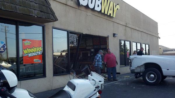 According to Hanford PD, a pick-up truck crashed in reverse into people waiting in line for a sandwich at Subway at 1:25 p.m.