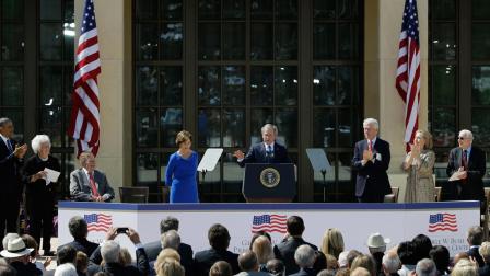 President Barack Obama, former first lady Barbara Bush, President George H.W. Bush, former first lady Laura Bush, former president William J. Clinton, former first lady Hillary Clinton and former president Jimmy Carter