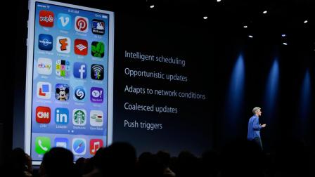 Craig Federighi, senior vice president of Software Engineering at Apple talks about the features of the new iOS 7 during the keynote address of the Apple Worldwide Developers Conference Monday, June 10, 2013 in San Francisco.