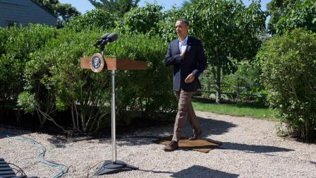 President Barack Obama arrives to make a statement to the media regarding events in Egypt, from his rental vacation home in Chilmark Mass.