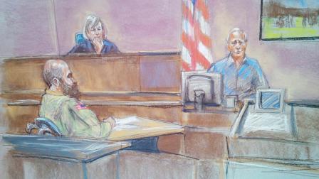 In this courtroom sketch defense witness Stephen Bennett, right, testifies as Maj. Nidal Malik Hasan, left, and presiding judge Col. Tara Osborn look on in court during Hasans court-martial in Fort Hood, Texas on Tuesday, Aug. 20, 2013.