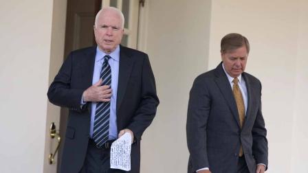 Sen. John McCain, R-Ariz., left, and Sen. Lindsey Graham, R-S.C., leave the White House in Washington, Monday, Sept. 2, 2013, to speak with reporters following a closed-door meeting with President Barack Obama to discuss the situation with Syria. President Barack Obama, working to persuade skeptical lawmakers to endorse a U.S. military intervention in civil war-wracked Syria, hosted the two leading Capitol Hill foreign policy hawks for talks and directed his national security team to testify before Congress in a determined effort to sell his plan for limited missile strikes against Syrian President Bashar Assads regime. (AP Photo/Evan Vucci)