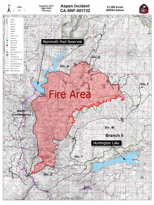  August 8, 2013 map of the Aspen Fire burning near Mammoth Pool Reservior.