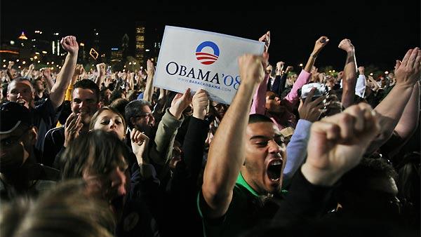 Obama supporters react to his win in Chicago.