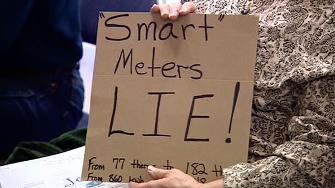 A woman holds a sign saying she thinks PG&Es SmartMeters lie.