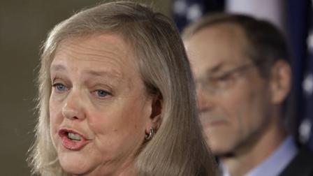 Meg Whitman talks to reporters in Santa Monica, CA