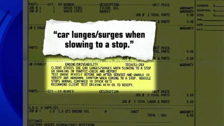 Paperwork shows she took her car in to the dealership after the accident complaining her car lunges/surges when slowing to a stop.