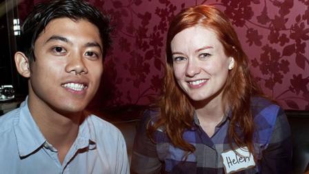 Singles Emmanuel Cruz, left, and Helen Stevens, participate in a speed dating event. (AP Photo/Swoan Parker)
