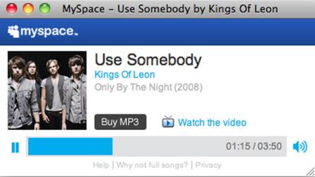 his image provided by MySpace shows The Kings of Leons album, Use Somebody. Google Inc. rolled out a new music search feature Wednesday Oct. 28, 2009 that brings U.S. searchers one click away from streaming a full-length song. The simple design brings up to four songs to the top of search results that will play from pop-up players from MySpace or Lala, shows one image of album art, and offers links to other music sites Pandora, imeem and Rhapsody.(AP Photo/MySpace)