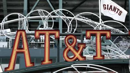 A sign is above AT&T Park in San Francisco is seen Tuesday, April 22, 2008. (AP Photo/Jeff Chiu)