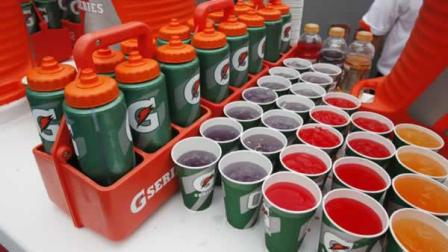 Gatorade set-up on the sidelines during the first half of an NFL football game
