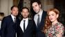 This May 1, 2013 photo released by Starpix shows actor Leonardo DiCaprio, from left, Tobey Maguire, Sacha Baron Cohen, and Isla Fisher at the after party for the premiere of The Great Gatsby,